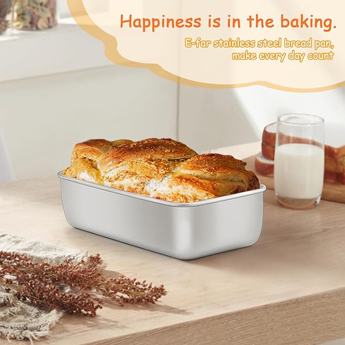 E-far Loaf Pan Set of 4, 9x5 Inch Stainless Steel Bread Loaf Pan, Metal Bakeware for Baking Bread Cake Meatloaf Brownies, Healthy & Non Toxic, Easy Release & Dishwasher Safe