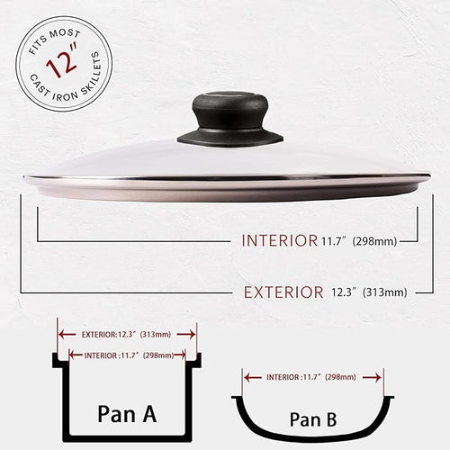 12 Inch Glass Lid for Frying Pan Lid, Pan Lid, Skillet, Pot Cover, Compatible with Lodge Cast Iron Skillet -12" Cover with Heat-Resistant Handle, Clear