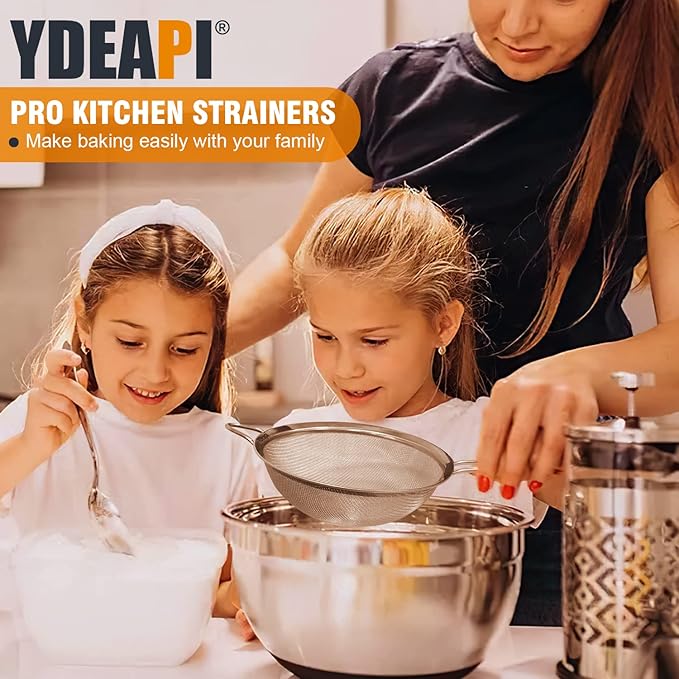 Ydeapi Fine Mesh Strainer, Stainless Steel Strainers with Sturdy Handle, Set of 3 Metal Sieve for Kitchen Food, Rice, Quinoa, Tea - 7", 4.6", 2.7"