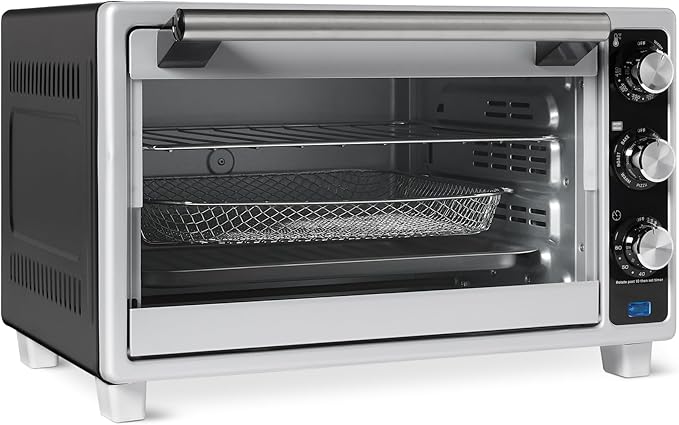 Amazon Basics 6-Slice 23-QT Toaster Oven with Built-In Air Fryer, 7-In-1 Cooking Options, 60-Min Timer & Adjustable Temperature (200℉ - 450℉), With Accessories, 1500W, Stainless Steel, Silver/Gray