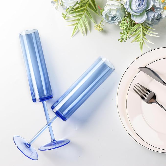 24 PCS Sapphire Blue Plastic Champagne Flutes 5.4 OZ Clear Acrylic Champagne Flutes Sparkling Wine GlassesLong Stem Crystal Champagne Glasses For Wedding Baby Shower Anniversary Birthday