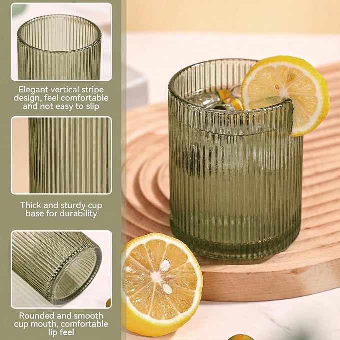 Physkoa Mint Green Ribbed Drinking Glasses Set of 6 – 9oz Vintage Green Glassware, Embossed Ribbed Tumbler Cups for Juice, Water, Cocktail, Iced Coffee