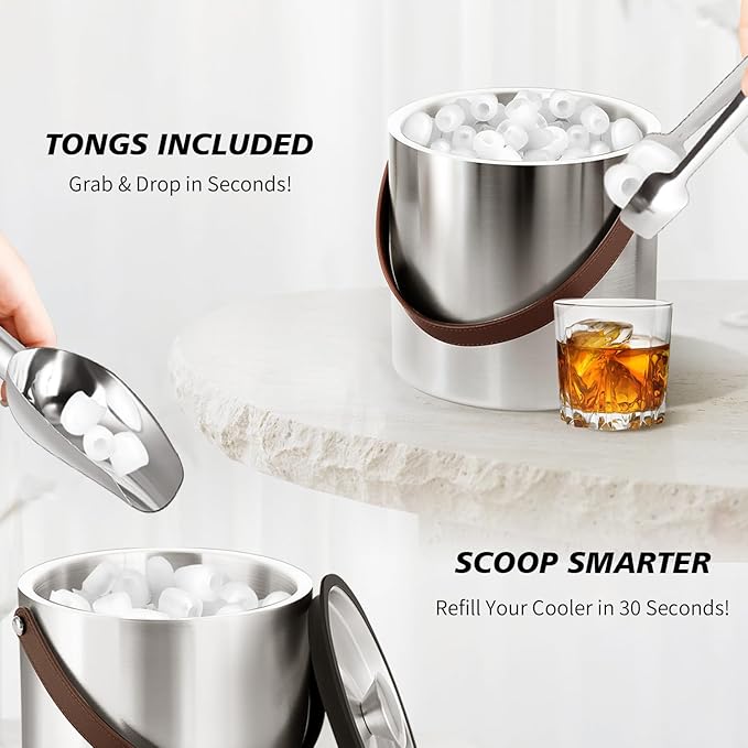 3L Large Ice Bucket with Lid, Scoop, Ice Tong, Strainer & Leather Handle Keep Ice Frozen Longer Large Wine Ice Buckets for Parties,Cocktail Bar, Chilling Beer Champagne, Dark Brown Handle 3L