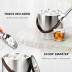 3L Large Ice Bucket with Lid, Scoop, Ice Tong, Strainer & Leather Handle Keep Ice Frozen Longer Large Wine Ice Buckets for Parties,Cocktail Bar, Chilling Beer Champagne, Dark Brown Handle 3L