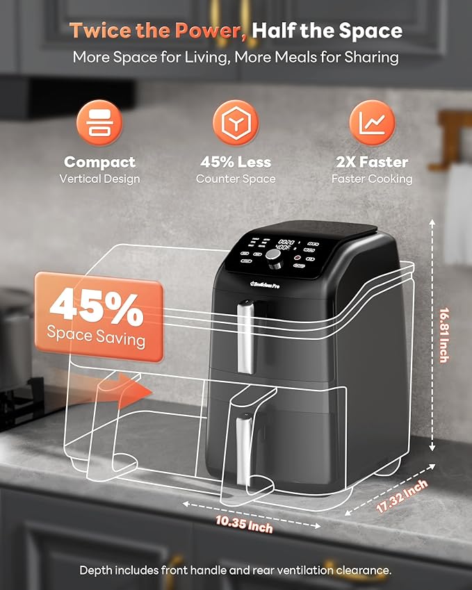 12QT Large Double Air Fryer, 10-in-1 Dual Airfryer with 2 Baskets & SyncHeat Tech for Even Cooking, Stacked Compact Design, Smart Finish & Match Cook, PFAS-Free Nonstick, Dishwasher Safe, Black