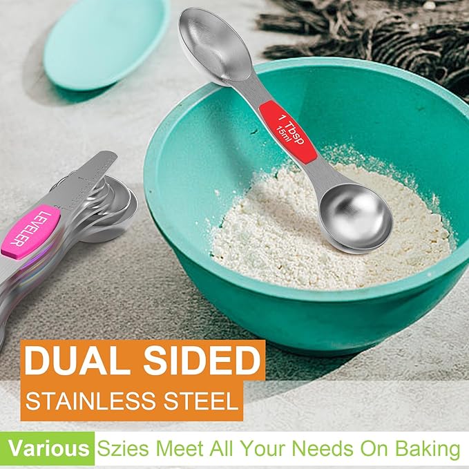Magnetic Measuring Spoons Set - Wildone Stainless Steel Double Sided Measuring Spoons Set of 7, for Dry and Liquid Ingredients, including 6 Heavy Duty Nesting Spoons, 1 Leveler, Fits in Spice Jar