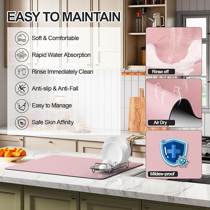 Ecotrim - Dish Drying Mat for Kitchen Counter | Coffee Bar Mat for Countertops | Heat Resistant Drainer Mat with Non-slip Rubber Backed | Hide Stain Kitchen Absorbent Draining Mat | Pink 18"x28"