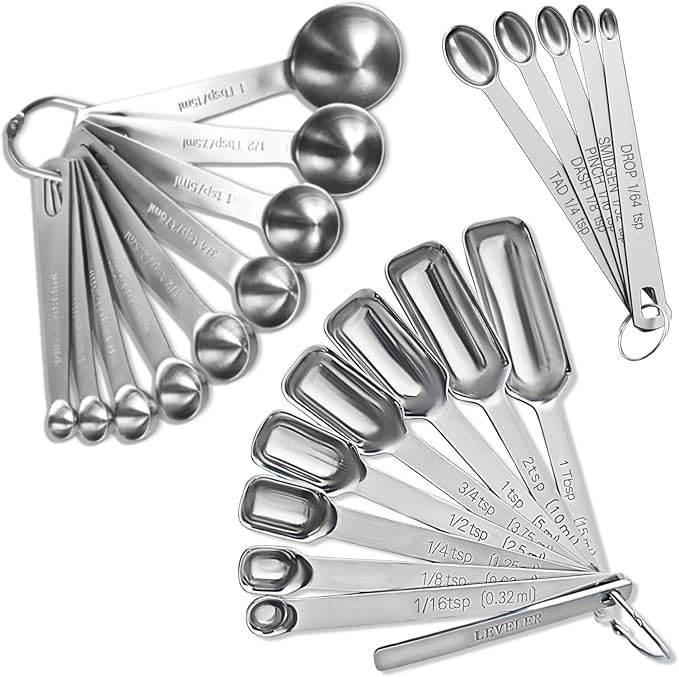 23 Pcs Stainless Steel Measuring Spoons Set with Leveler, Metal Round & Rectangular Spoons plus 5 Mini Teaspoons for Precise Cooking and Baking, Standard Sizes with Clear Engraved Markings