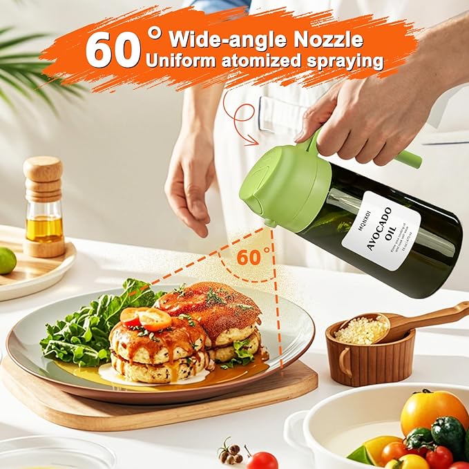 mqnxoi Oil Sprayer for Cooking, 2 in 1 Olive Oil Dispenser Bottle for Kitchen, 16oz/470ml Premium Glass, Food-grade Oil Mister for Air Fryer, Salad, Frying, BBQ (Green + Dark Green Bottle)