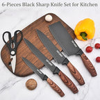 Black Knife Set, 6 Pieces Professional Kitchen Knife Set with Universal Knife Block, Super Sharp Knife Block Set with Ergonomic Handle Non-stick Stainless Steel Knife Block Set (Black)