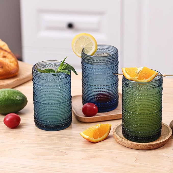 Moretoes Vintage Hobnail Drinking Glasses Set of 6, 15oz Highball Glass Cups, Kitchen Drinkware Glassware,Embossed Water Tumbler,for Beer,Cocktail,Whiskey,Juice and Various Mixed Drinks(Blue)