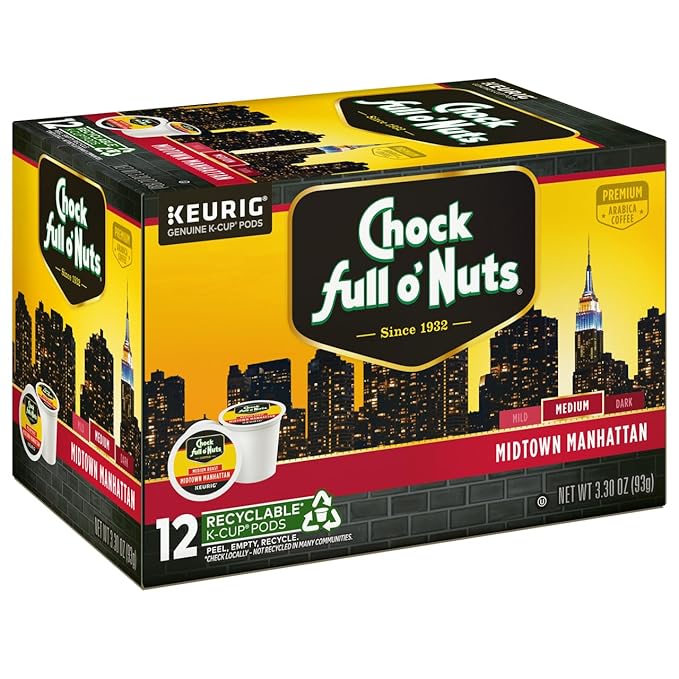 Chock Full o' Nuts Midtown Manhattan Keurig K-Cup Pods for Keurig Brewers – Premium Arabica, Medium Roast – Single Serve – 6 Packs of 12 K-Cup Pods
