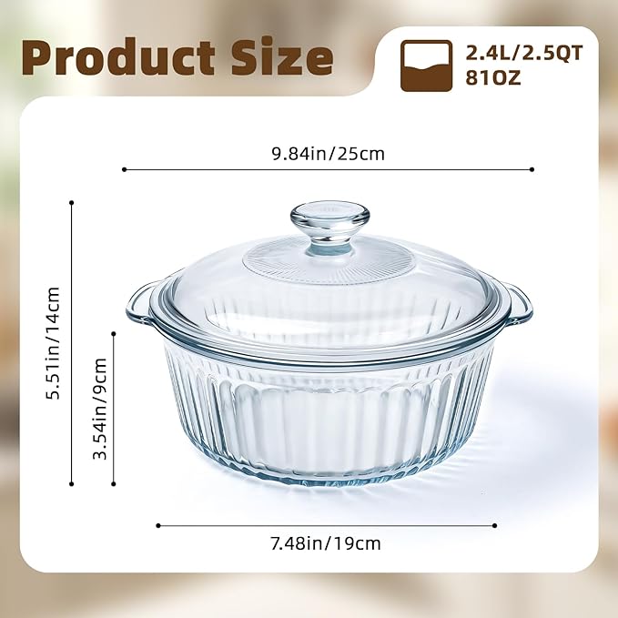 Luvan 2.4L/2.5Qt Round Glass Casserole Dish with Lid, Clear Baking Dish with Handles for Baking, Cooking & Serving, High Borosilicate Lead-Free Glass cookware, Oven, Microwave, Freezer & Dishwasher Safe