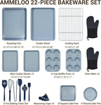 Ammeloo 22-Piece Baking Pans Set Stackable Bakeware Non Stick Baking Set Non Toxic Oven Pans, Including Roasting Pan, Cookie Sheets, Muffin Pans, Cake Pans, Oven Mitts and Utensils(Gray & Navy Blue)