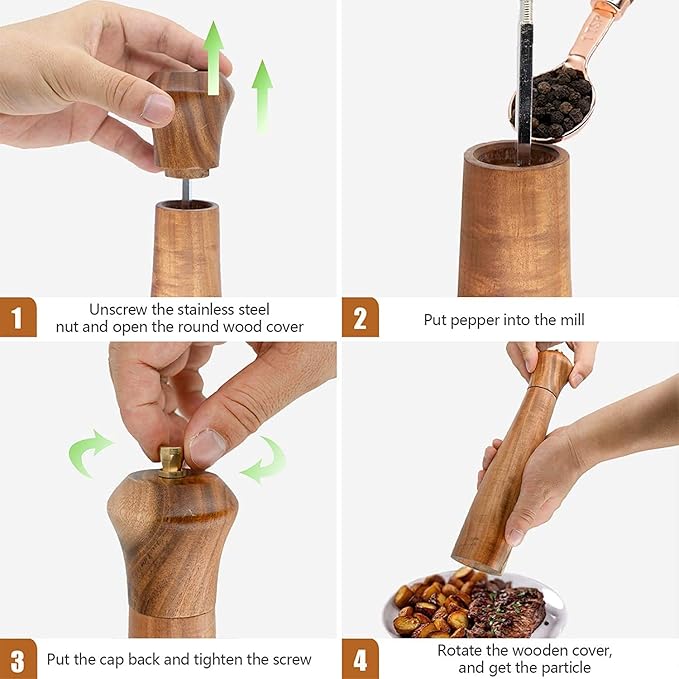 Wooden Salt and Pepper Grinder Set,Manual Salt and Pepper Mill,Acacia wood Salt Grinder Refillable,Pepper Mill with Adjustable Coarseness,Salt and Pepper Shakers Tableware Gifts 10" 2PCS