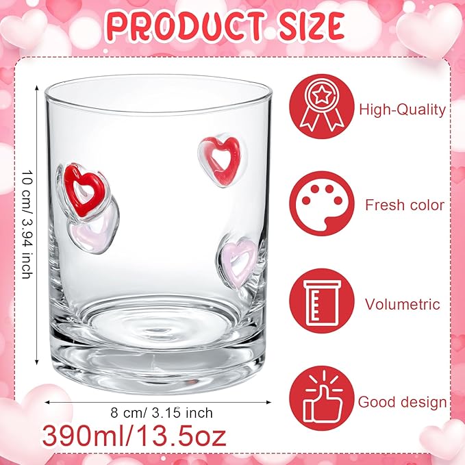 Skylety 2 Pcs Heart Icons Juice Glasses Love Drinking Cups 13.5 oz Old Fashioned Whiskey Cocktail Coffee Mugs for Mother's Day Party Gift Decor