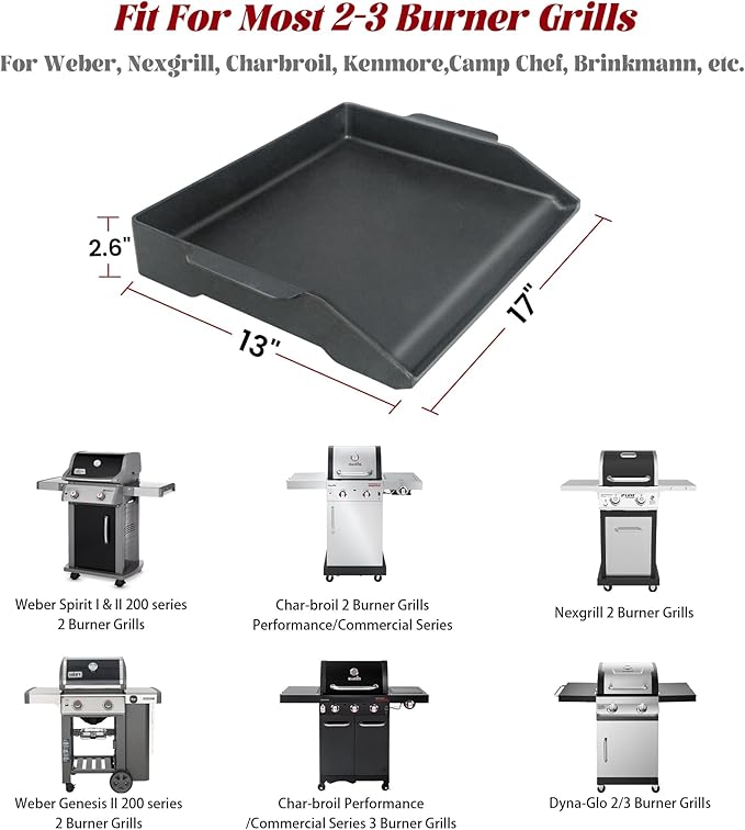17" x 13" Cast Iron Griddle, Universal Stove Top Griddle Gas Grill Griddle Insert for Charbroil Nexgrill Parts Charcoal Cooking Plate Outdoor Camping Tailgating Teppanyaki BBQ Accessory