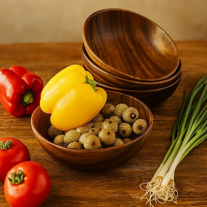 Wooden Salad Bowl Set – Set of 4 Acacia Wood 7” Wood Salad Bowls for Food, Rustic Handcrafted Kitchenware for Snacks, Fruit & Sides, Gift-Ready for Holidays & Housewarming
