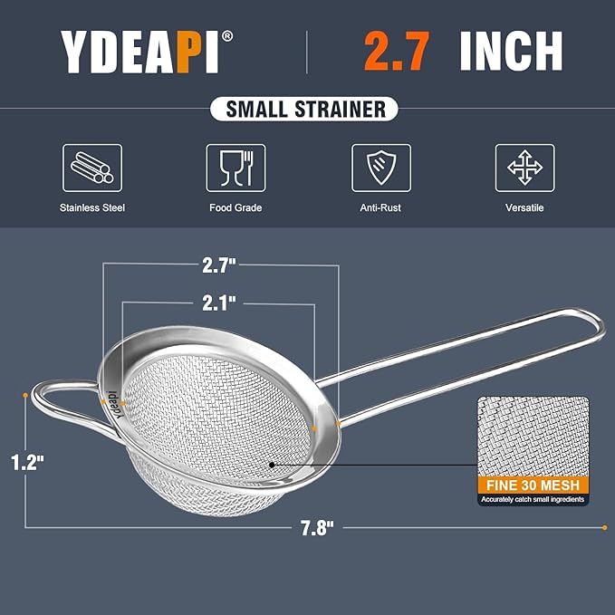 Ydeapi Fine Mesh Small Strainer 2.7 Inch, Metal Mini Sieve with Sturdy Handle, Stainless Steel Strainer for Tea, Juice, Coffee, Matcha Powder, Cocktail, Powdered Sugar