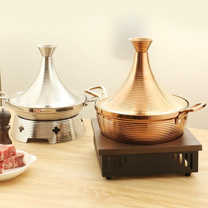 Moroccan Tagine Cooking Pot,Stainless Steel Non Stick Moroccan Casserole with 2 Handles,Large Moroccan Cooker Handmade Tagine Pot with Cone-Shaped Lid(22cm, Rose Gold)