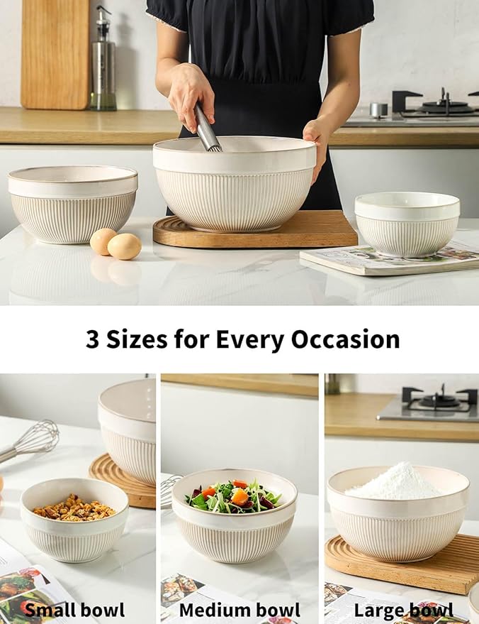 Large Ceramic Mixing Bowls, Glazed White Kitchen Bowl (10"/8"/6"), Set of 3 Nesting Bowls for Baking, Cooking, Serving, Prepping, Dough Kneading, Microwave and Dishwasher Safe