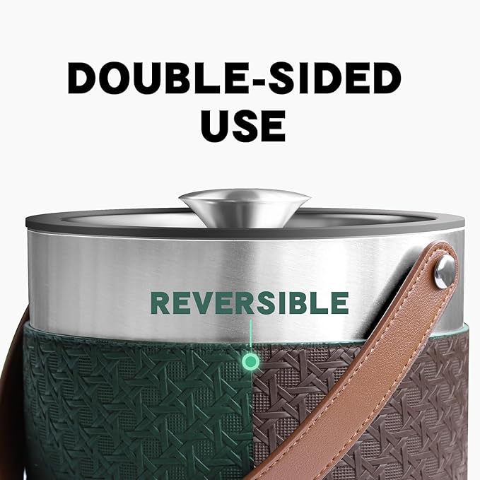Bakpoco Insulated Ice Bucket with Lid, Scoop, Ice Tongs & Detachable Double-Sided PU Cover– 3L Double-Wall Stainless Steel Ice Buckets for Parties, Cocktail Ba, Champagne & Bar Cart Accessories
