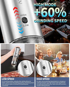 CIRCLE JOY Electric Pepper Grinder Stainless Steel Rechargeable Pepper Mill with Variable Grinding Speed, External Adjustable Coarseness, 95ml Container and White LED Light, Silver