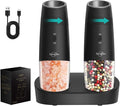 Sangcon Gravity Electric Salt and Pepper Grinder Set RECHARGEABLE, Automatic Salt Pepper Shakers with Charging Base - LED Light One Hand Operation, External Adjustable Coarseness Pepper Mill