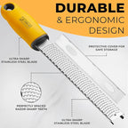 Orblue Lemon Zester & Cheese Grater - Premium Citrus Zester, Kitchen Grater for Parmesan, Chocolate, Fruits, Vegetables, Ginger, Garlic, Nutmeg - Stainless Steel Blades with Protective Cover, Yellow