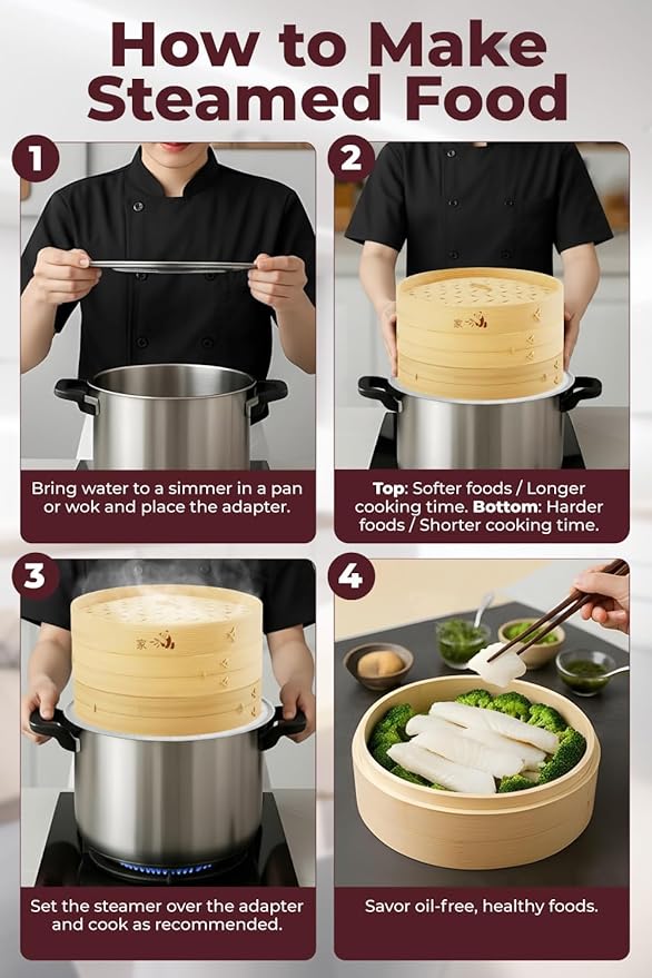 Prime Home Direct Bamboo Steamer Basket 10-Inch | 2-Tier Steamer for Cooking | 50 Liners, Chopsticks, Sauce Dish | Steaming Asian Food, Bao Buns, Chinese, Dim Sum, Dumpling, Rice, Vegetable Steam Pot