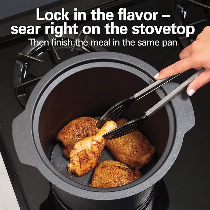 Hamilton Beach Sear & Cook Stock Pot Slow Cooker with Stovetop Safe Crock, Large 10 Quart Capacity, Programmable, Silver (33196)
