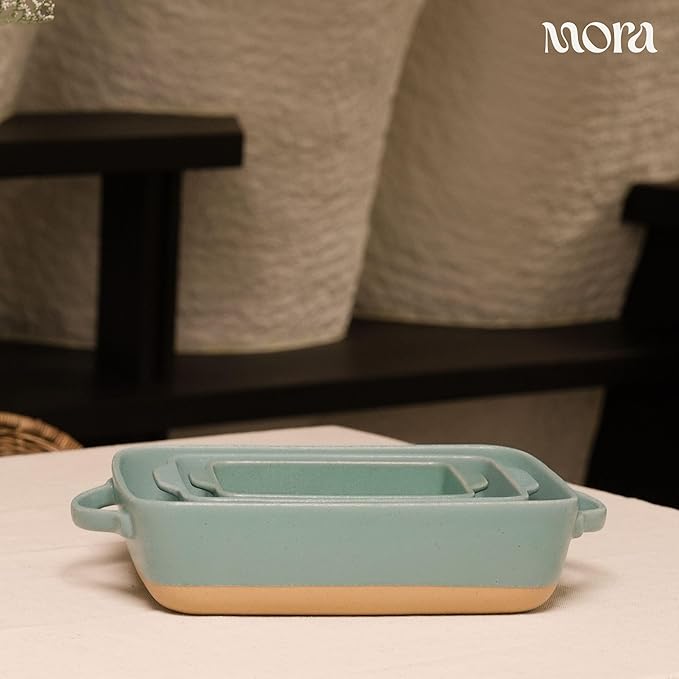 Mora Ceramic Set of 2 Baking Dishes For Casserole, Banana Bread, Brownies, Broiling, Roasting, and Baking. 7x11 in and Loaf Pans - Porcelain Serving Bakeware from Oven to Table. Freezer Safe - Iris