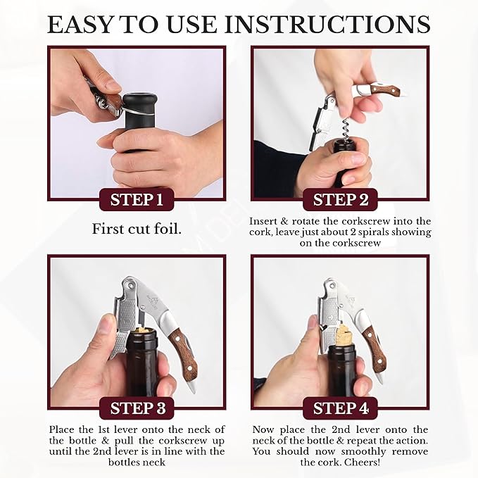 Waiters Corkscrew Wine Opener - Double-Hinged Fulcrum 3-In-1 Cork Screw Wine Bottle Opener Heavy Duty Stainless Steel & Classic Rosewood. Serrated Foil Cutter. Beer Opener. Magnetic Gift Box