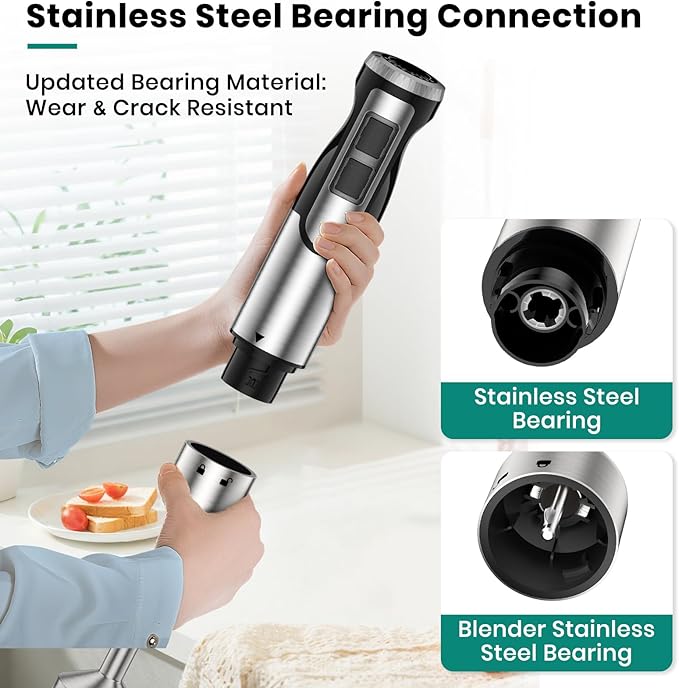 1800W Immersion Blender Handheld 4-in-1 Hand Blender Stick for Ice Crushing Smoothie, Baby Food, Soup, 8 Speed Hand Mixer Turbo Boost Stainless Steel Blade with Whisk, Chopper, Beaker