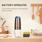 Gravity Electric Salt And Pepper Grinder Set, Automatic Salt And Pepper Grinder Set, Battery Powered (6 AAA Batteries Each), Adjustable Roughness, LED Light, 2 Pack, (Copper)