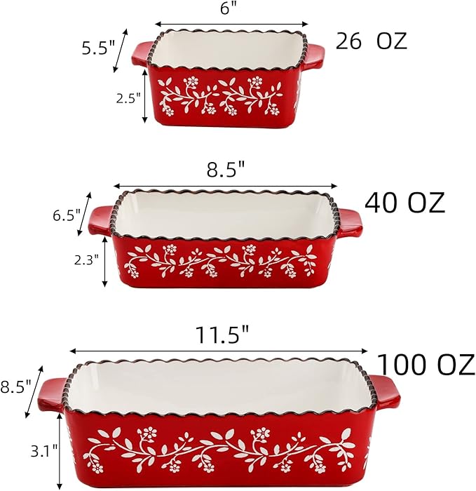 AVLA 3 Pack Ceramic Bakeware Set, Porcelain Rectangular Baking Dish Lasagna Pans for Cooking, Kitchen, Casserole Dishes, Cake Dinner, 12 x 8.5 x 6 Inches of Baking Pans, Banquet and Daily Use, Red