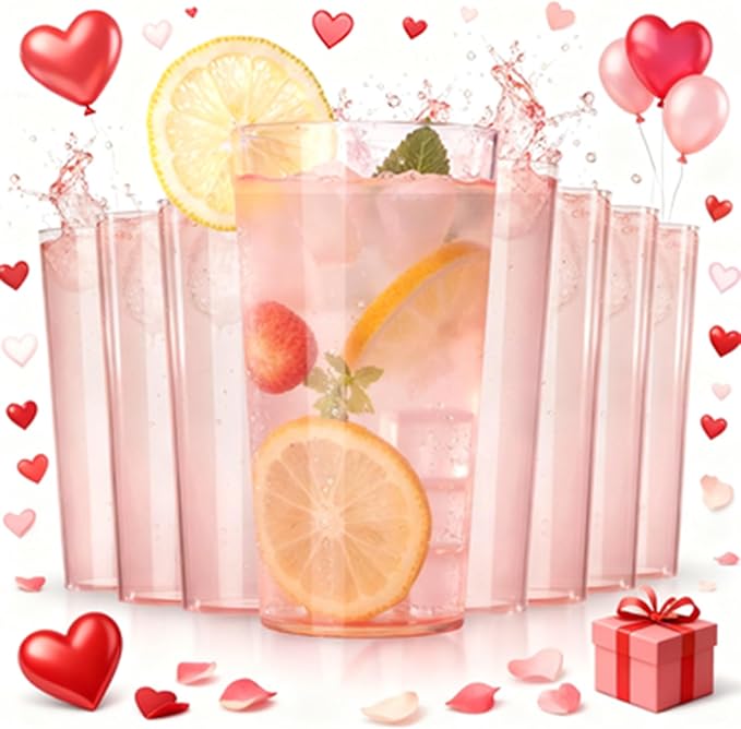 Liacere Plastic Drinking Glasses Set of 12-18oz Highball Pink Reusable Plastic Glasses Colors, Water Glasses Cups,Tumbler Glassware Set for Beer, Juice, Cocktail, Milk for Mother's Day Valentine’s Day