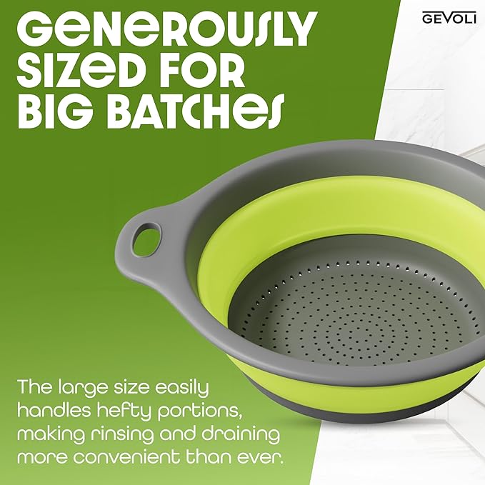 Gevoli Large Collapsible Colander with Self Draining Base - 5Qt Side Drain Food Strainer for Edge of Kitchen Sink (Patent Pending) Green (2 Piece Set)
