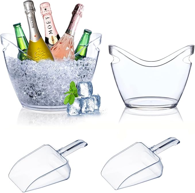 Mwellewm Beverage Tubs for Parties Plastic Ice Bucket for Cocktail Bar Clear Acrylic Wine Bucket with Scoops Drink Bucket Cooler for Chiller Bin for Champagne or Beer (8 L, 4 L)