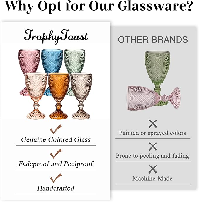 Colored Vintage Wine Glasses Set of 6 – colorful Glass Water Goblets, drinking glasses for Wedding, Holiday, or Fancy Glassware for everyday