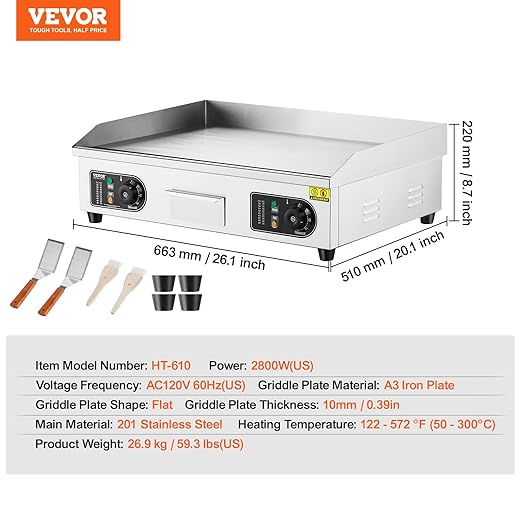 VEVOR Upgraded Commercial Electric Griddle, 2800W Stainless Steel Countertop Flat Top Grill, 26'' Griddle Grill with 2 Shovels and 2 Brushes, 122℉-572 ℉ Adjustable Temp, for Home Restaurant(No Plug)