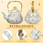 Cabilock Vintage Enamel Tea Kettle, Floral Enamel on Steel Teapot 2L Stovetop Ceramic Teakettle Retro Classic Water Boiler with Cool Handle for Home Kitchen Decor