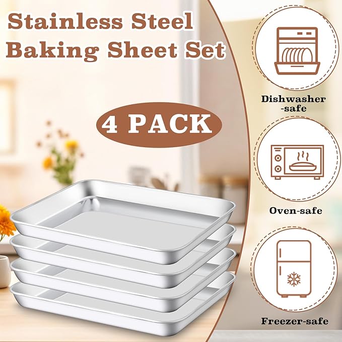 Baking Sheet Pan Set of 4, Stainless Steel Toaster Oven Pans, Small Cookie Sheet,Metal Baking Pan Oven Tray, Easy Clean & Dishwasher Safe, Mirror Surface(10 x 8 x 1 inches
