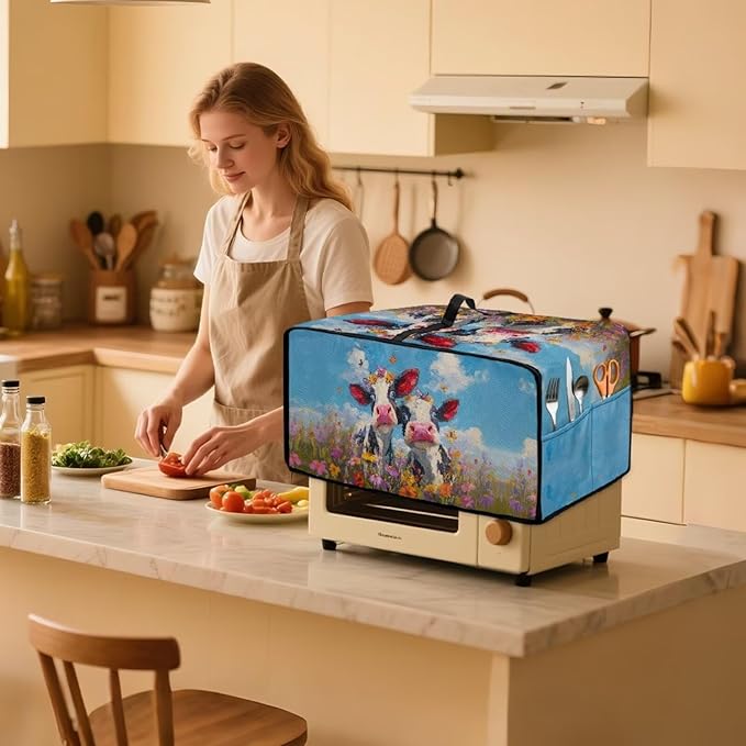 Cow Butterfly Flower Print Toaster Oven Cover, Dust-proof Heat-resistant Air Fryer Cover with Accessory Pockets, Kitchen Small Appliance Protector, (Small-14.5*18.46*9 inches)