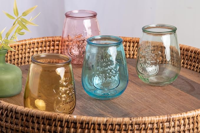 Glaver's Stemless Wine Glasses Set of 4 – 21oz Assorted Colored Wine Tumblers– Unique Embossed Logo, Vintage Cute Wine Glasses for, Beer, Juice, Cocktails, Fresh Drinks, Beverages, and more.