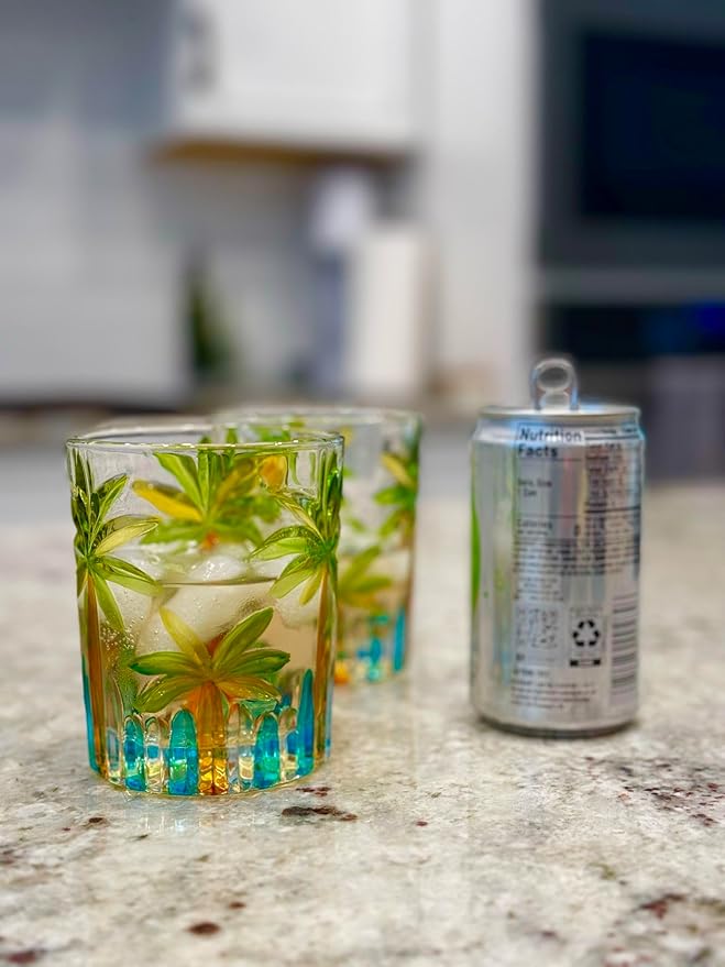 Tropical Summer Drinking Glasses 4 Short Coconut Tree Pool Party Caribbean Beach Theme Design Colorful Tiki Bar Margarita Mix Drink Mojito Martini Pool Party Cup Palm Trees Engraved Whiskey Sour Glass