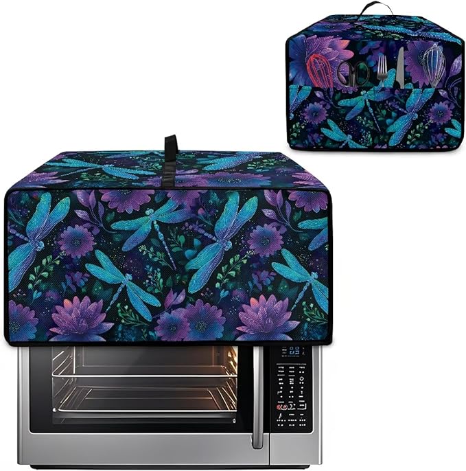Dragonfly Lotus Print Toaster Oven Cover Compatible with Most Toaster Ovens, Heavy Duty Dust-proof Microwave Oven Cover for Kitchen Counter, Purple (Medium-16.1 * 19.71 * 10 inches)