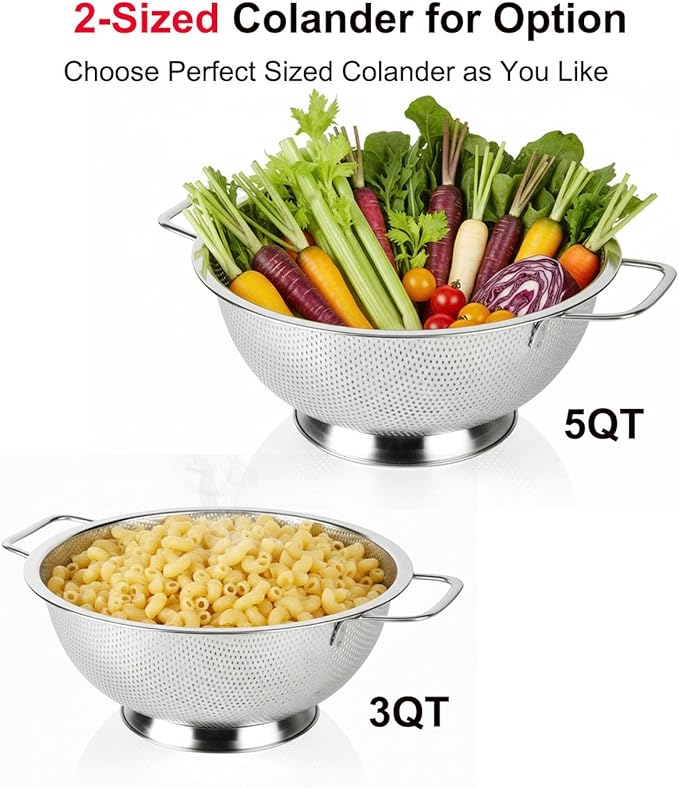 5.5-Quart Kitchen Colander, Stainless Steel Pasta Strainer with Handle and Base for Vegetables, Fruit, Spaghetti