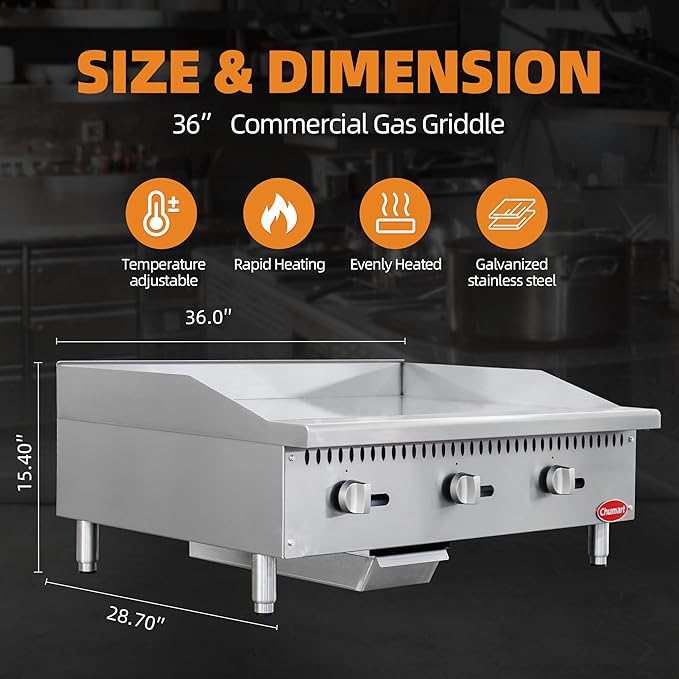 36" Commercial Countertop Griddle, 3 Burners Gas Griddle, 90000 BTU Output, Stainless Steel Flat Top Grill Hot Plate with Natural Gas and Propane Conversion Kit for Restaurant,Food Truck