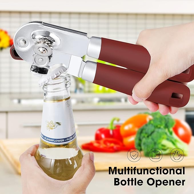 Beneno Heavy Duty Hand Can Opener Manual with Magnet, Durable Sharp Carbon Steel Blade Smooth Cutting, Big Effort-Saving Knob & Soft Grip Handle, Multifunctional Kitchen Tool with Bottle Opener, Red